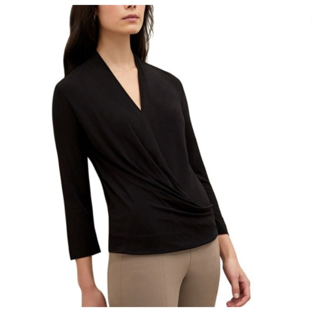 MM.LaFleur Black Deneuve Faux Wrap Top Style V-Neck 3/4 Sleeve Italian Fabric XS